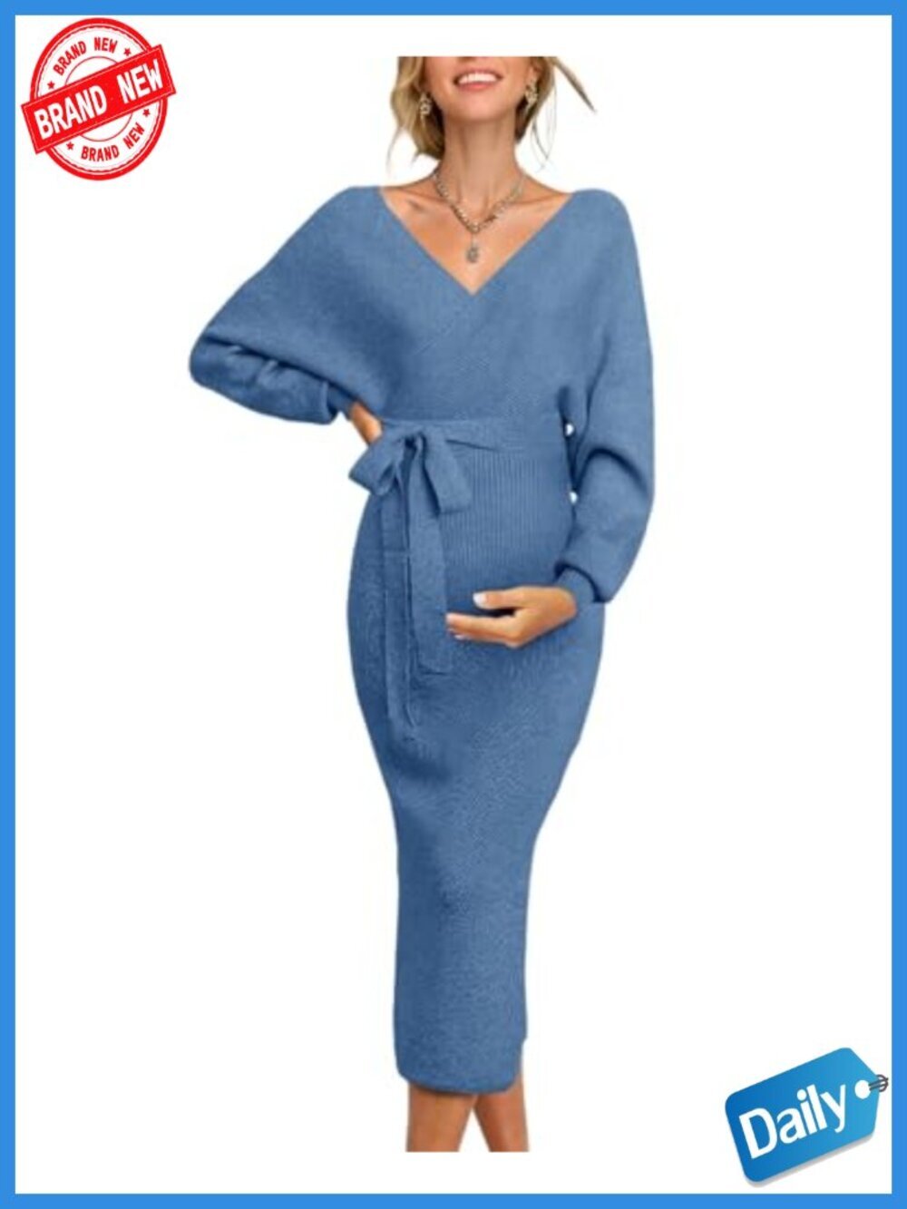 Maternity Wrap Dress Long Sleeve V-Neck Knit Maxi for Photoshoot Wedding Guest